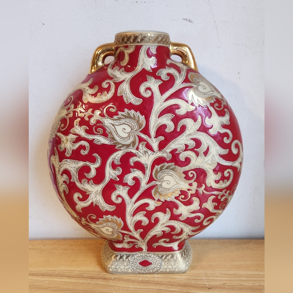 Asian Art Vase Bulbous Scroll Red Gold Pottery Cloisonne Decor
